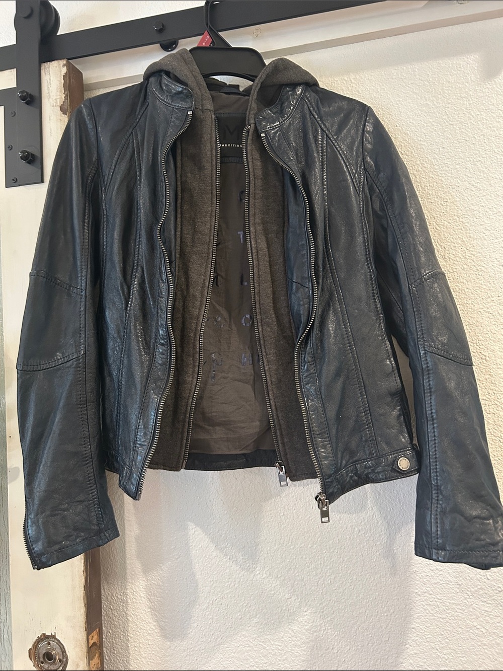 Black Leather Moto Jacket with Removable Hooded Layer